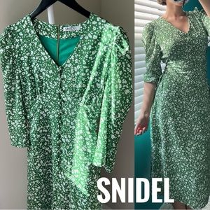 🍉SNIDEL Green White Floral Button Maxi Dress Cinched Button Front Japan